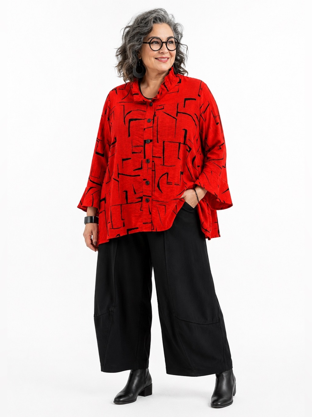 Viz-A-Viz Artwear Abstract Print Red Tunic Top 2X Zip Back Trapeze Bell Sleeve